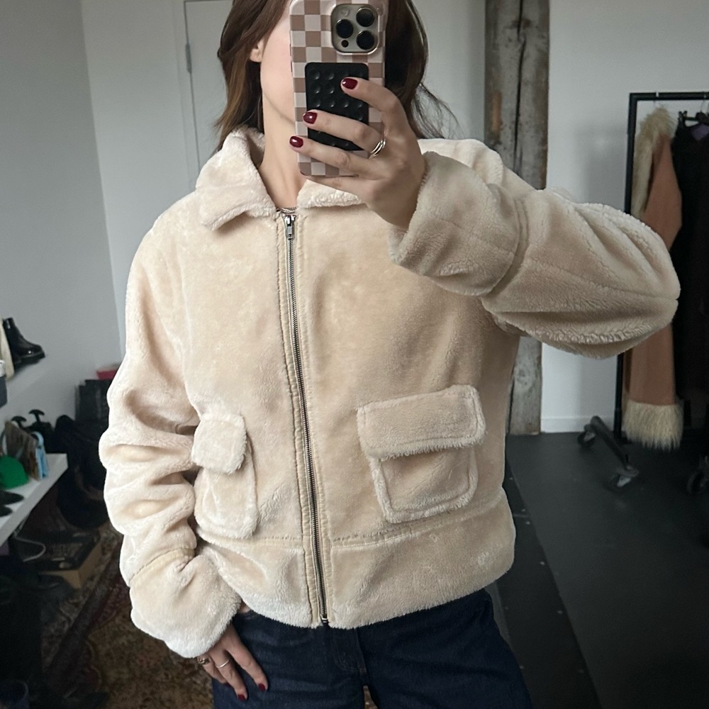 Women's Cream Faux Fur Bomber Jacket
